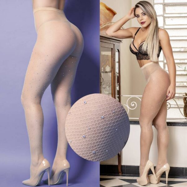 Meia arrastão com strass cor da pele nude - Imagem 3